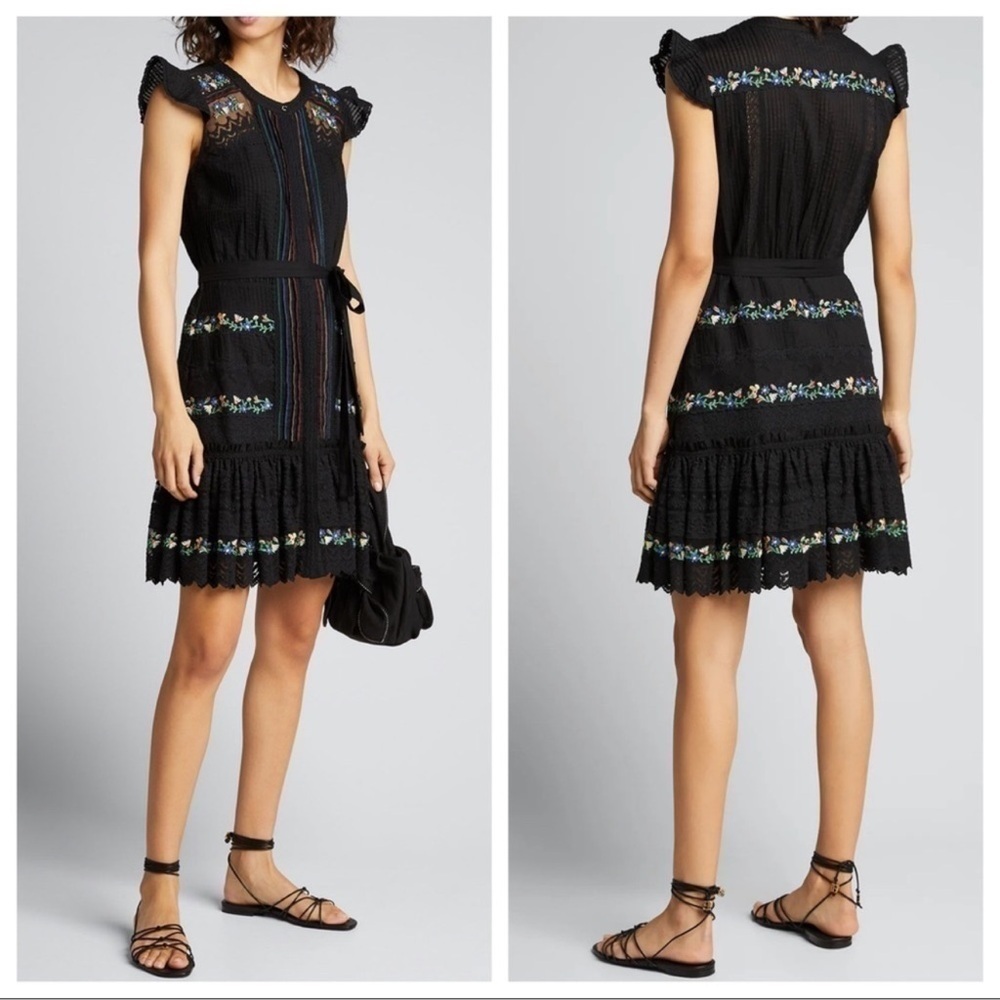 SALONI Pintuck Embroidered Boho Peasant Dress